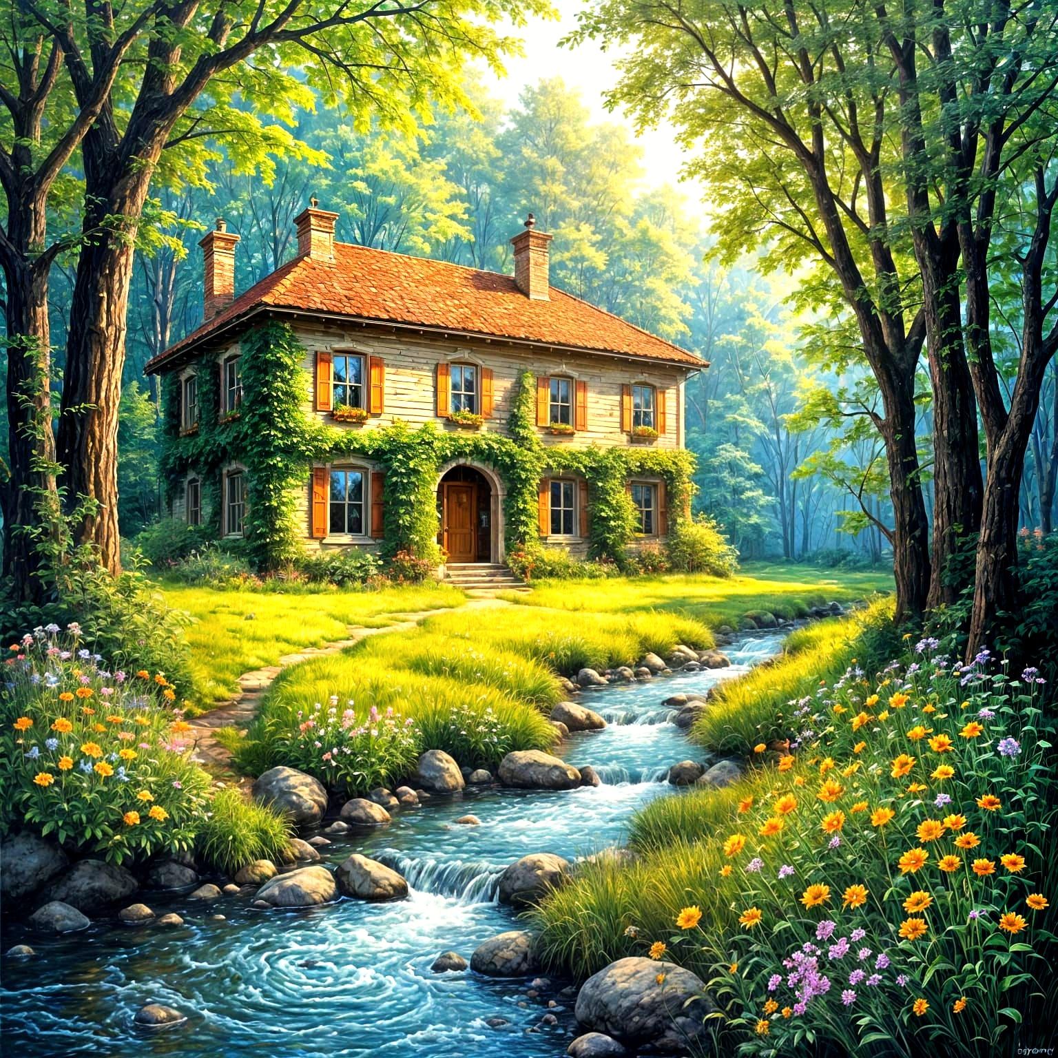 Sunlit House in Forest, Oil Painting Style