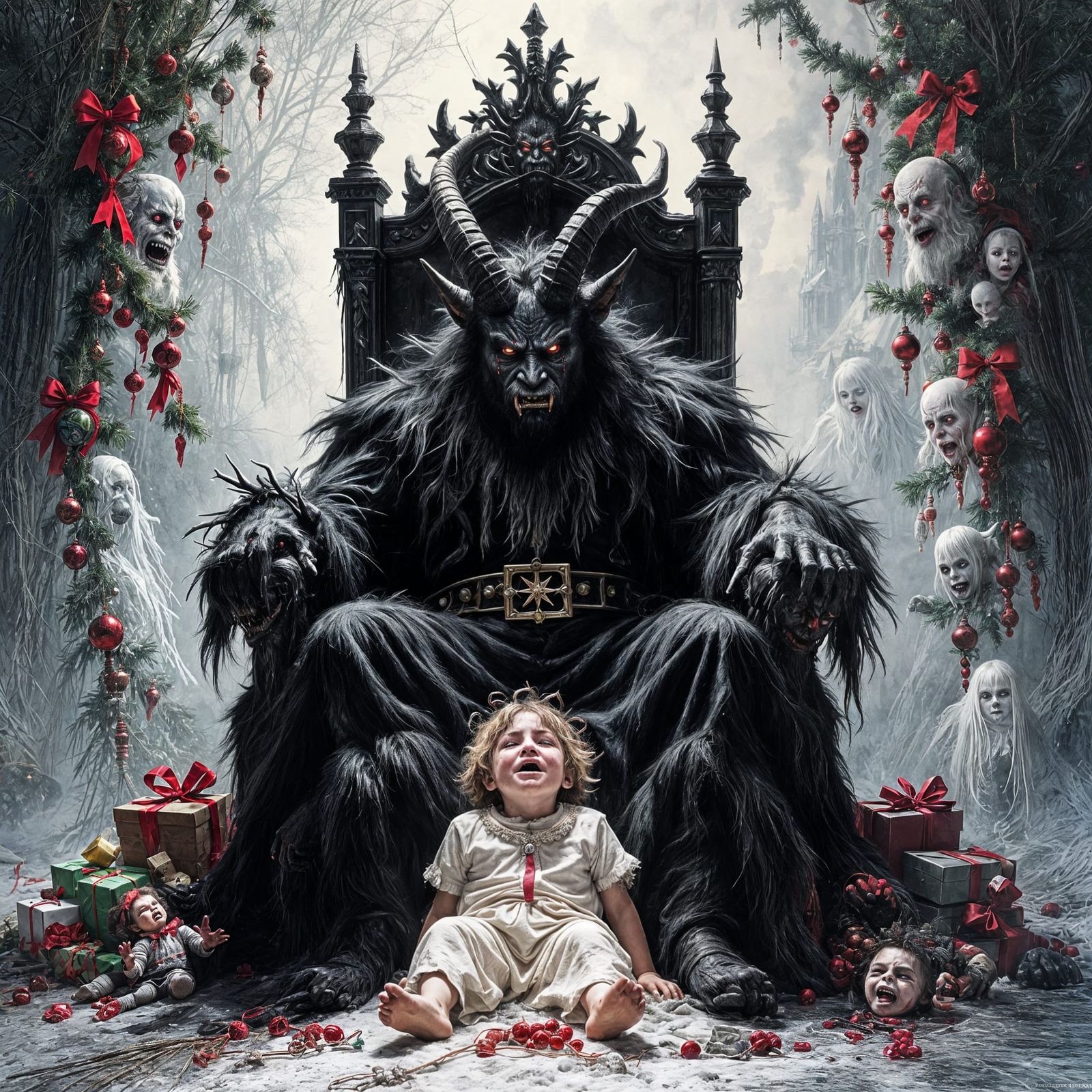 Krampus on Throne with Terrified Child