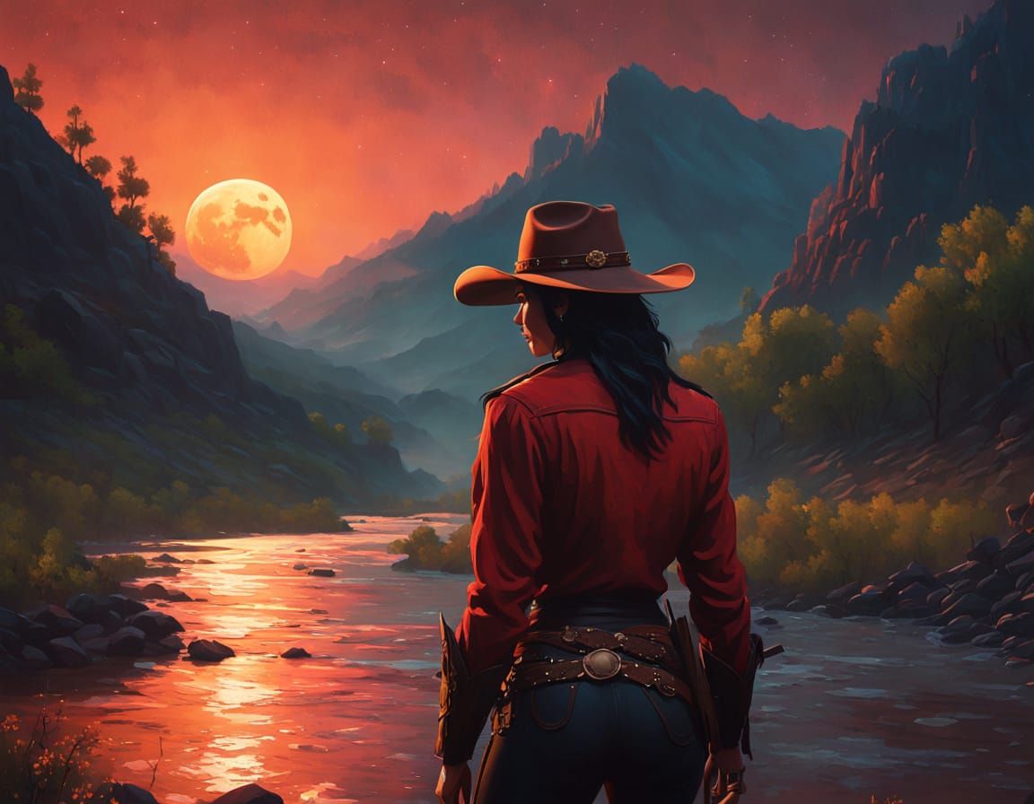 Sensual Cowgirl Bathes Under Blood Moon in Mountain Valley