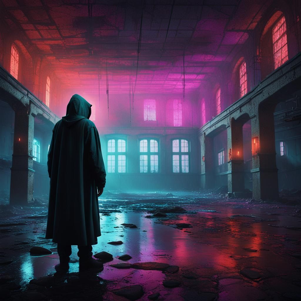 Hooded Figure in Abandoned Hospital, Dark Fantasy Art