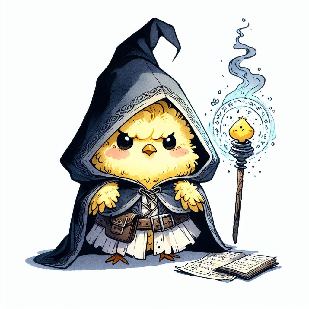 Grumpy Chick Cleric Casting Spell in Watercolor