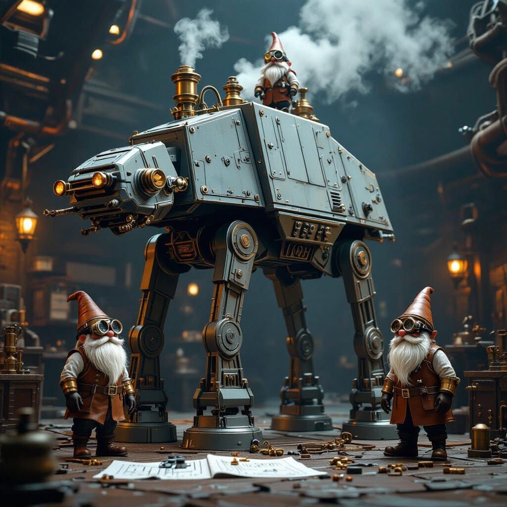 Steampunk AT-AT with Gnome Artificers, Inspired by Syd Mead