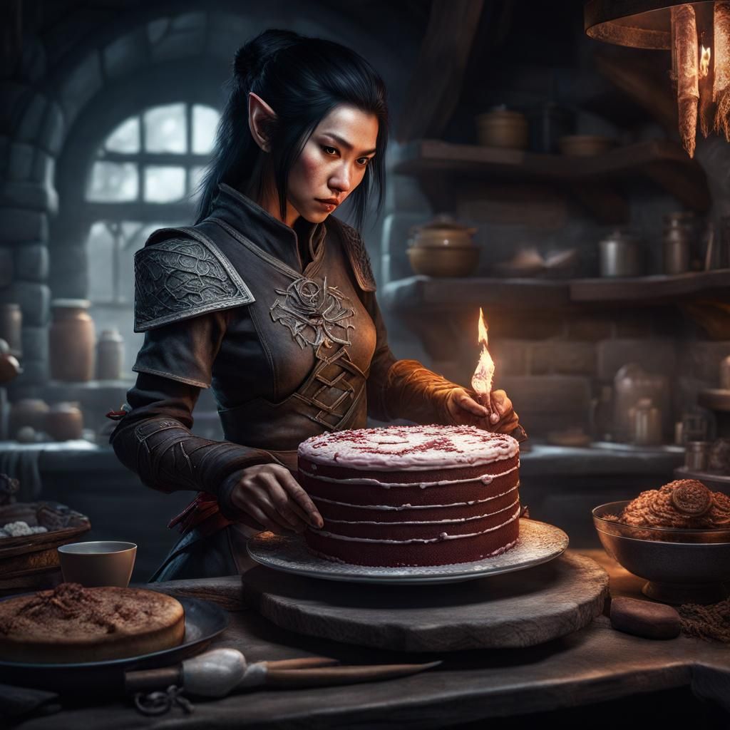 Fantasy Half-Elf Assassin Baking a Cake