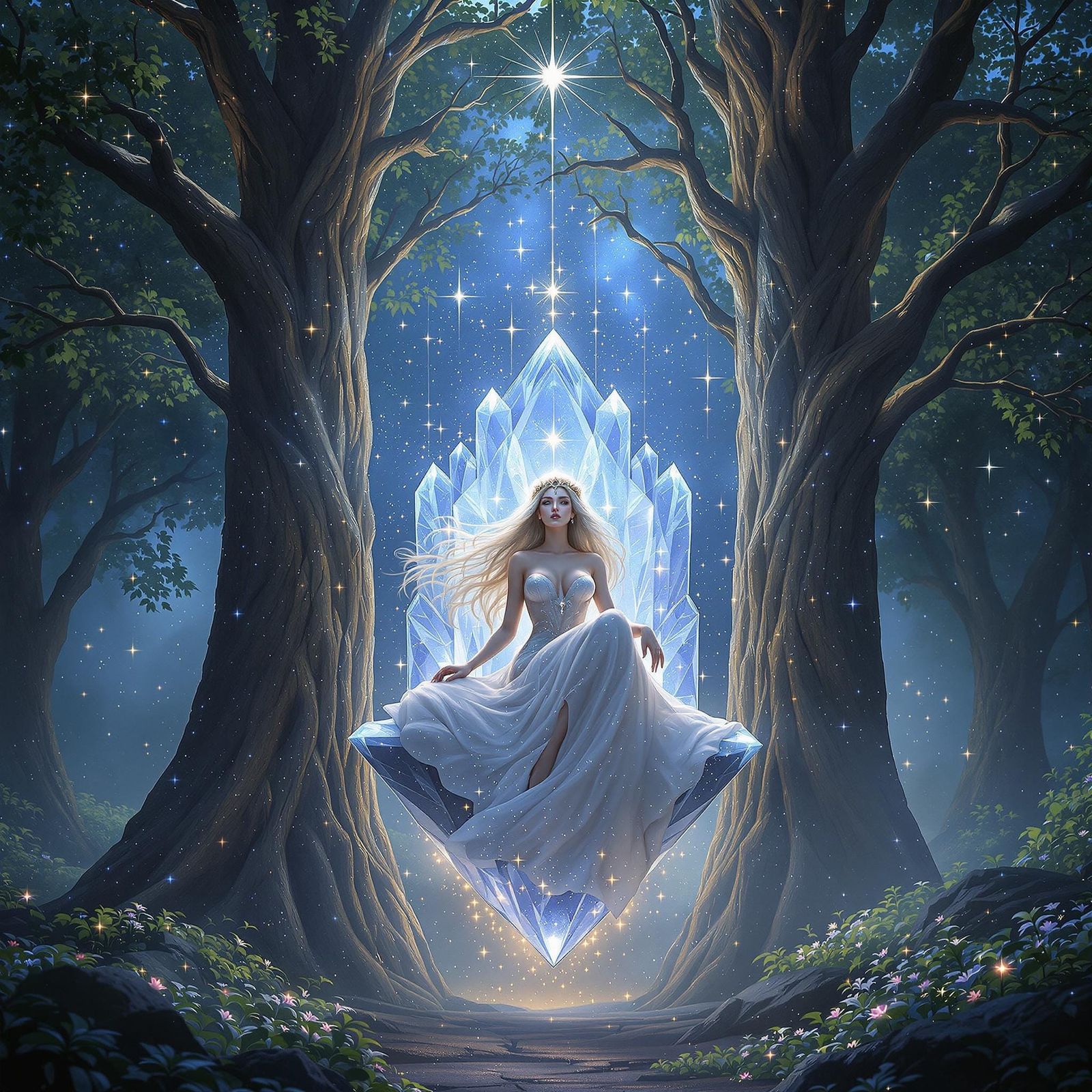 Star Priestess on Crystal Throne in Enchanted Forest