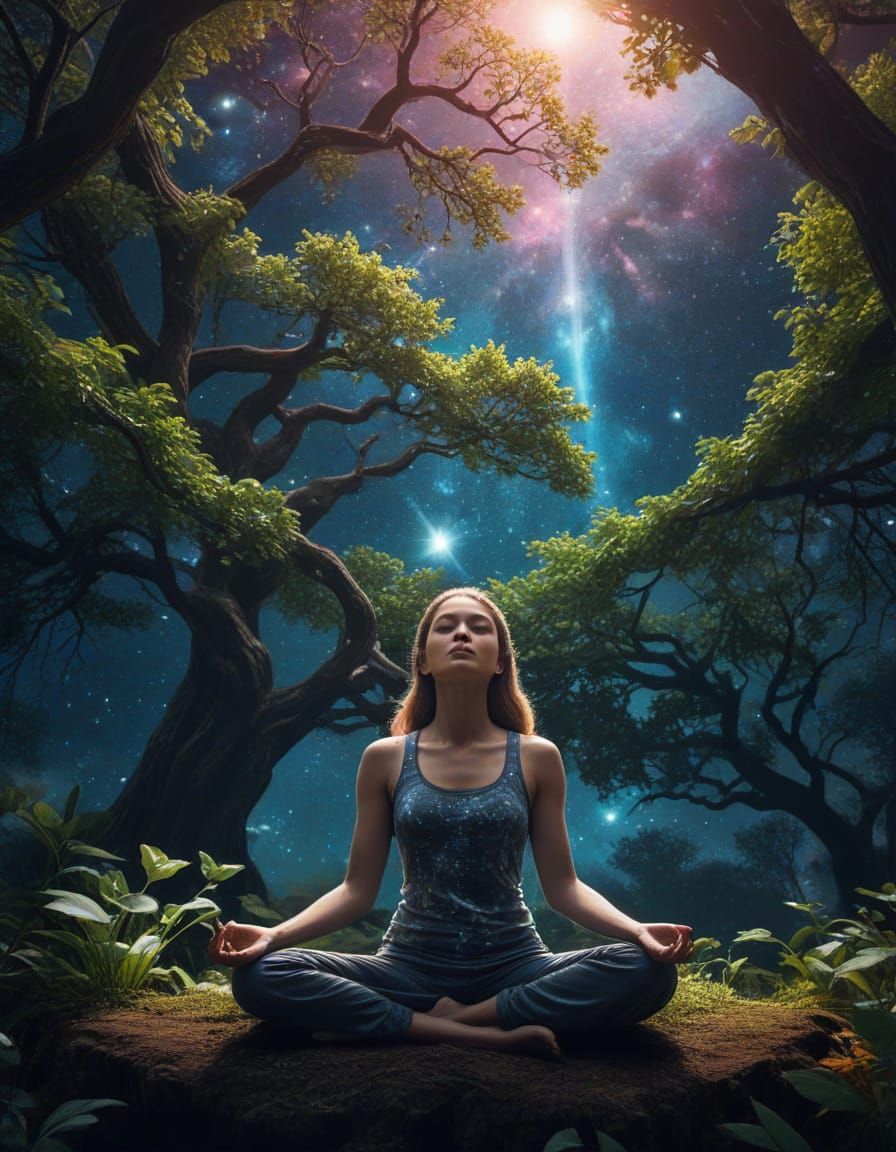 Meditating Woman Under Cosmic Tree of Life