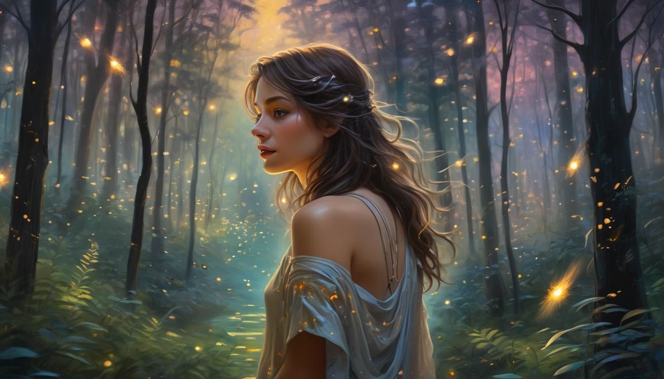 Ethereal Forest Scene with Fireflies, Oil Painting
