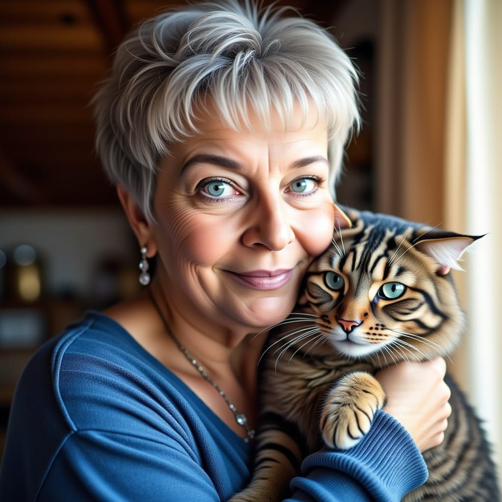 <lora:Me:1.0>A closeup of a 50+ woman with greyblond wispy fringed very short cut hair, wearing a blue off the shoulder ...