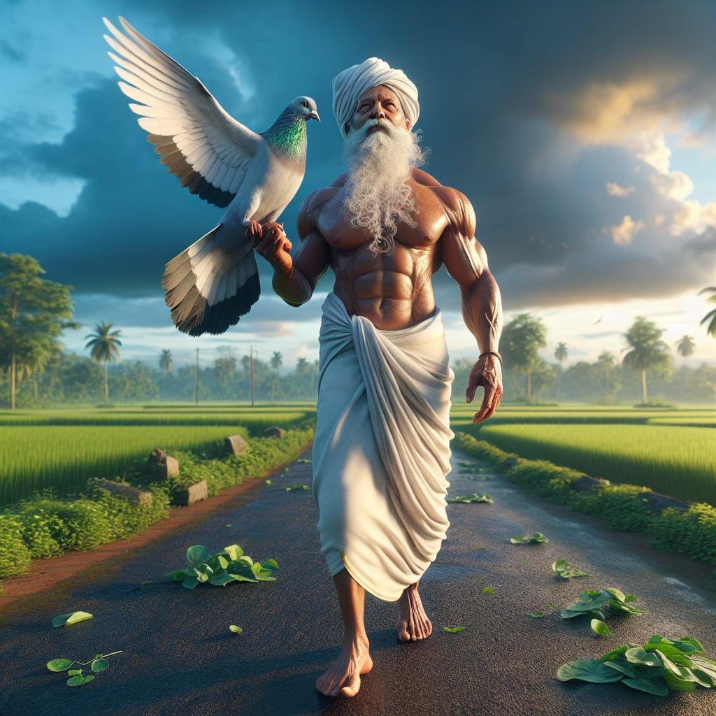 South Asian Farmer Walks with Majestic Pigeon in Lush Countr...