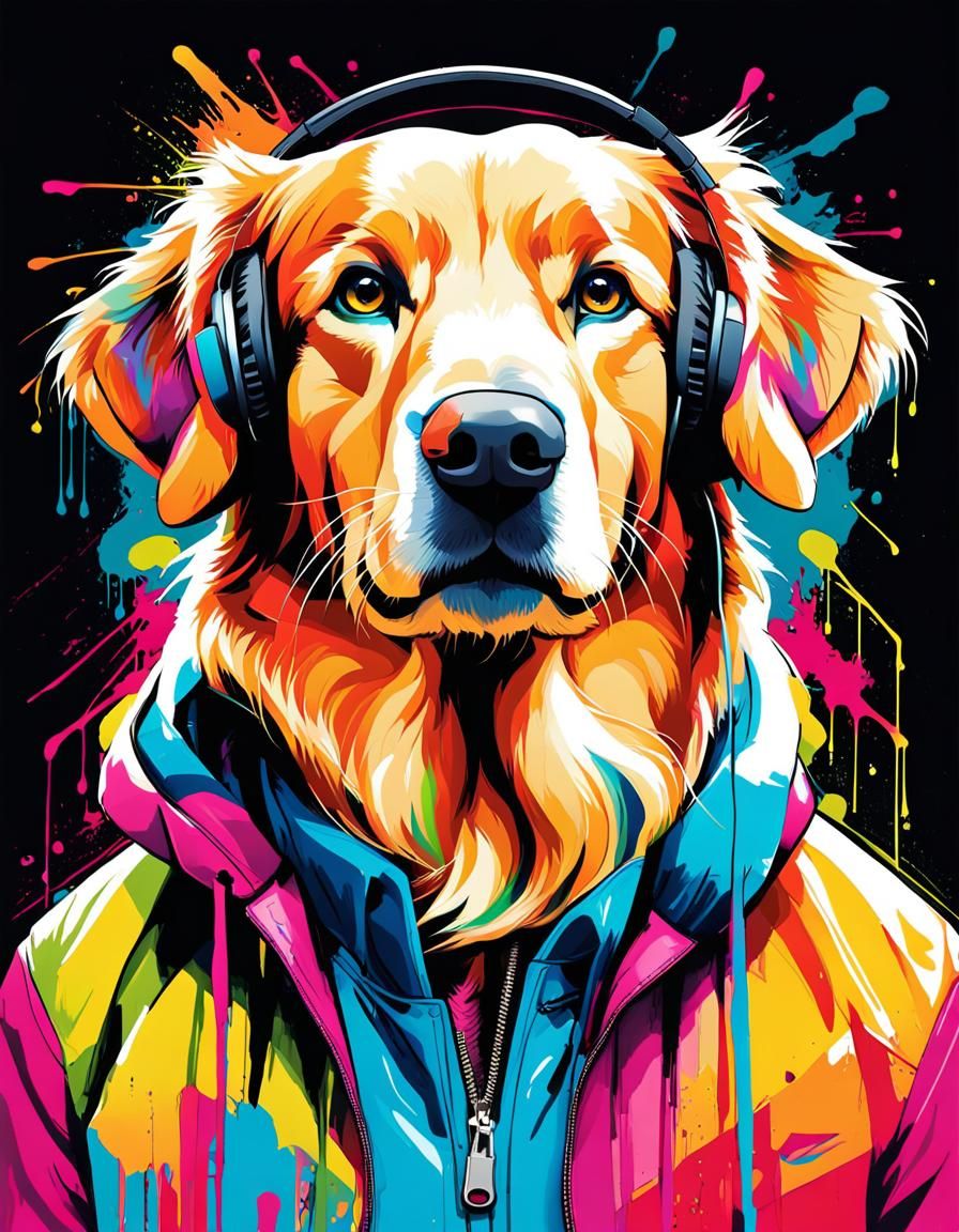 Colorful Golden Retriever Portrait in Graffiti Art Style