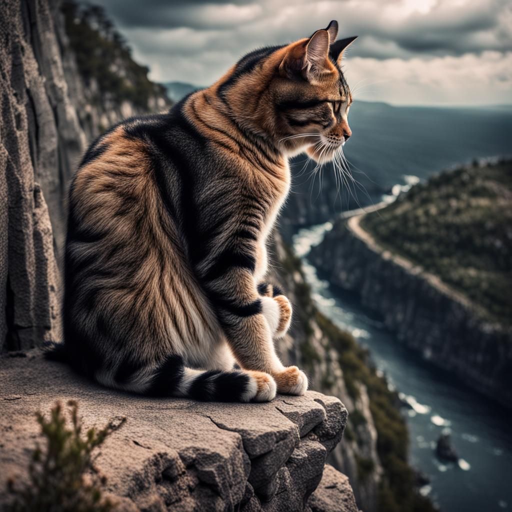Sad Cat on Cliff in Hyperrealistic Style