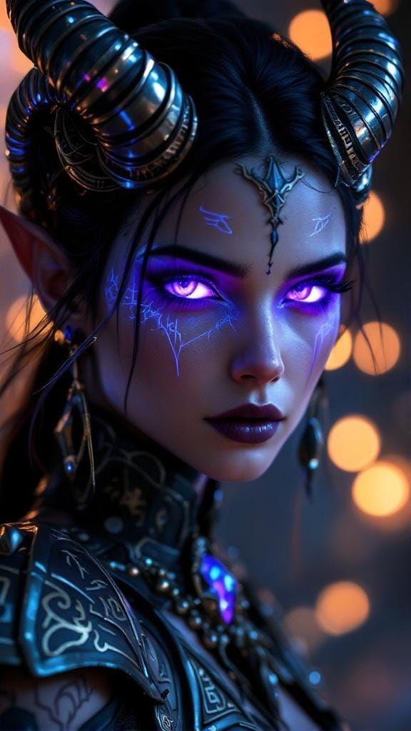 Mystical Woman with Glowing Tattoos and Metallic Horns