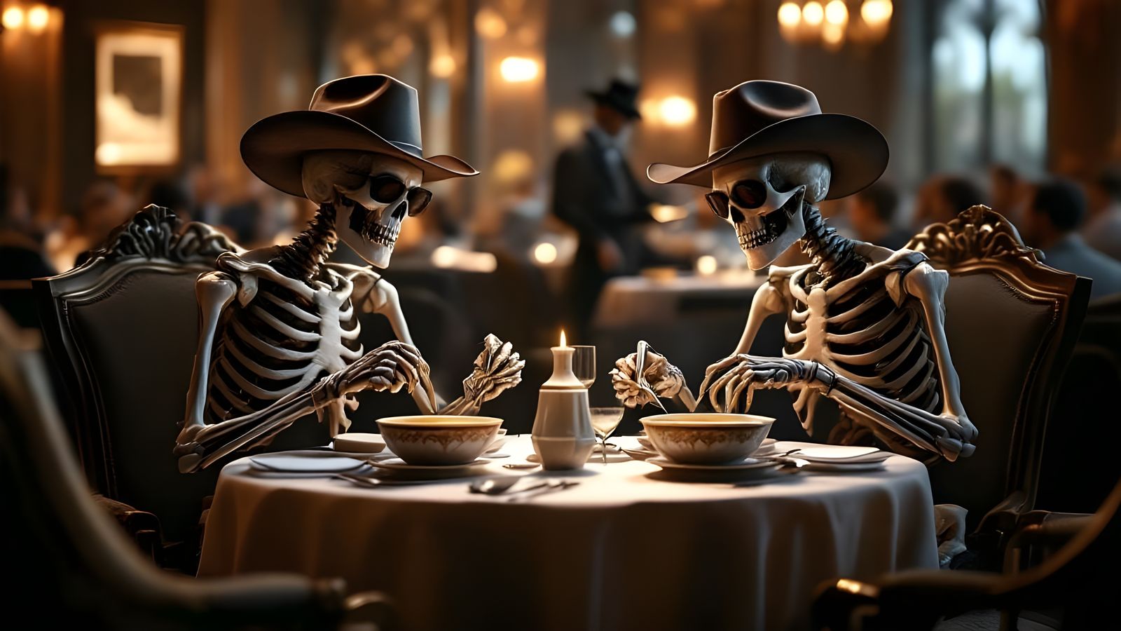 Skeletal Cowboys Enjoying Soup in Rococo Style