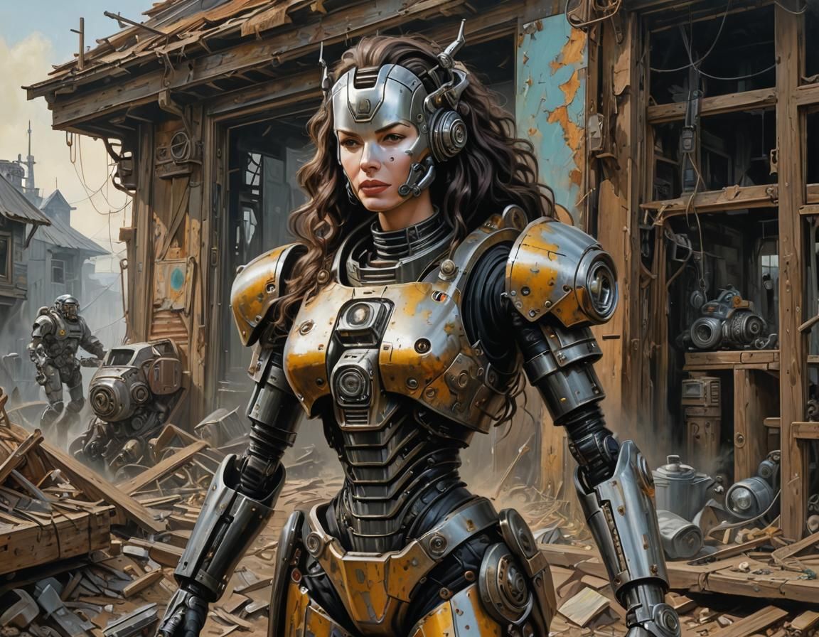 Nanny Robot in Post-Apocalyptic Acrylic Painting