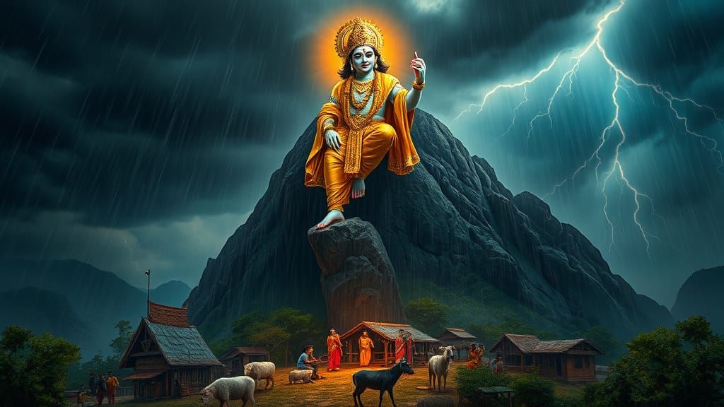 Golden Krishna Lifts Govardhan Mountain in Serene Peace