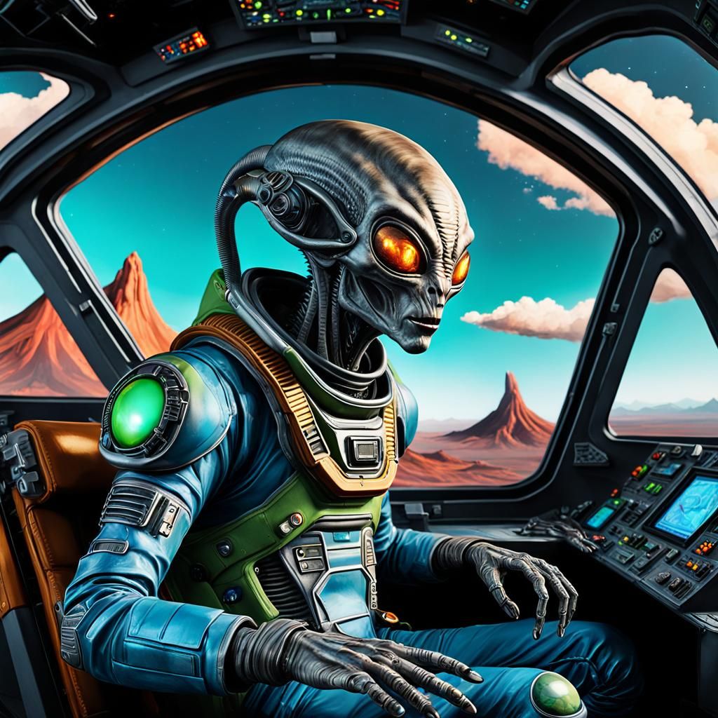 Alien Pilot in Spaceship Cockpit Over Alien World