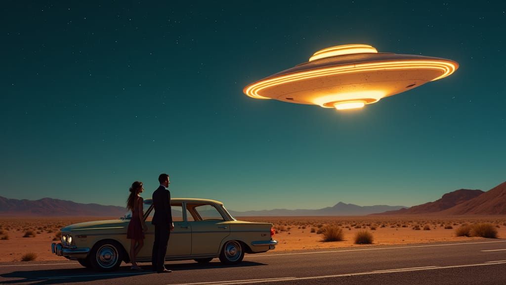 UFO Sighting on Desert Highway: Futuristic Surrealism