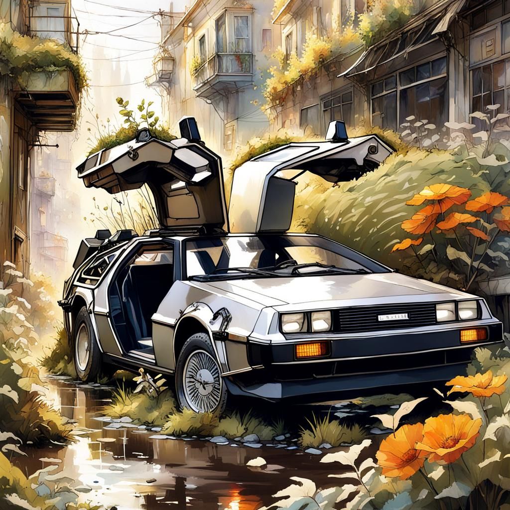 Overgrown DeLorean in Ruined World: Digital Matte Painting