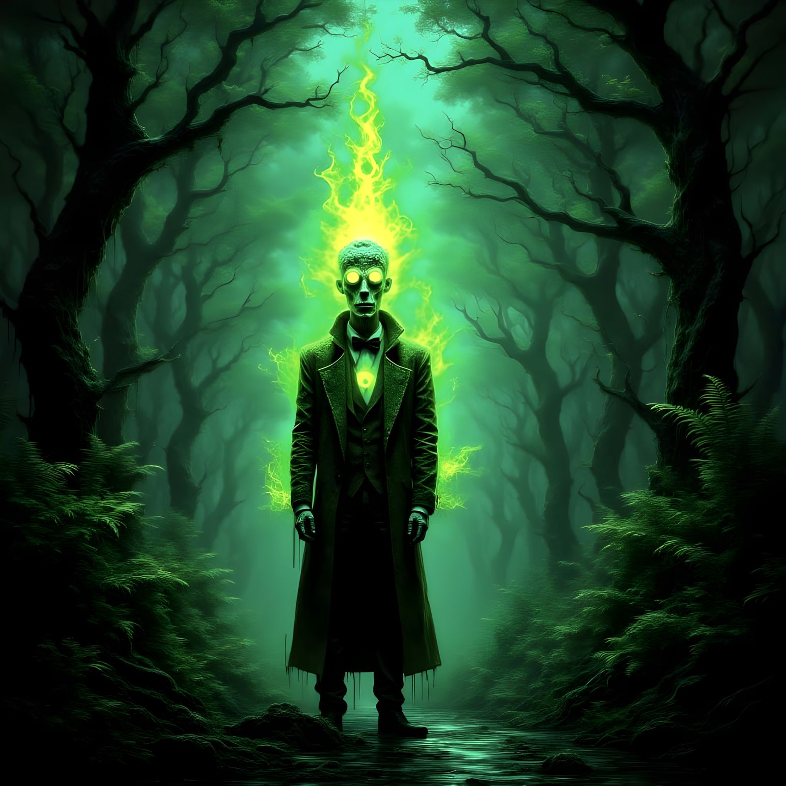 Glowing Green Mr. Burns in a Dark Forest