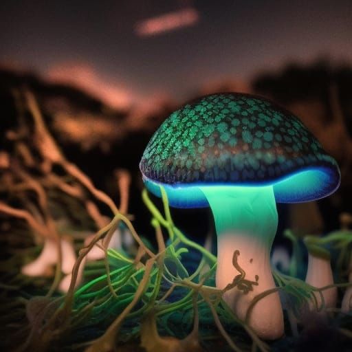 Bioluminescent Mushroom in Moonlight: Hyperrealistic Digital...