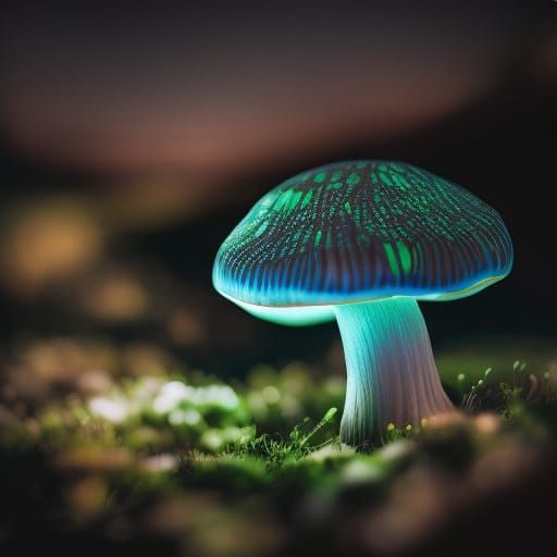 Bioluminescent Mushroom in Moonlight: Hyperrealistic Digital...