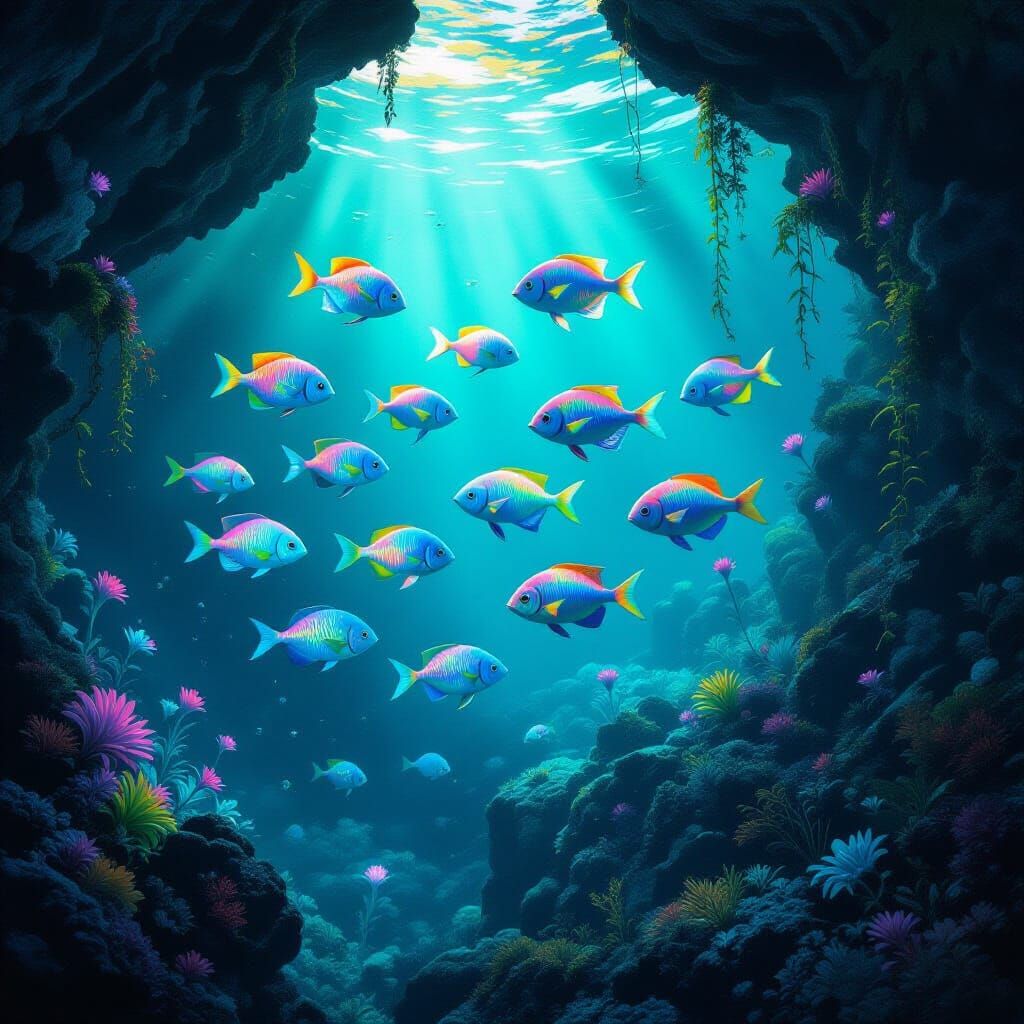 Bioluminescent Fish Swim Through Alien Underwater Grotto