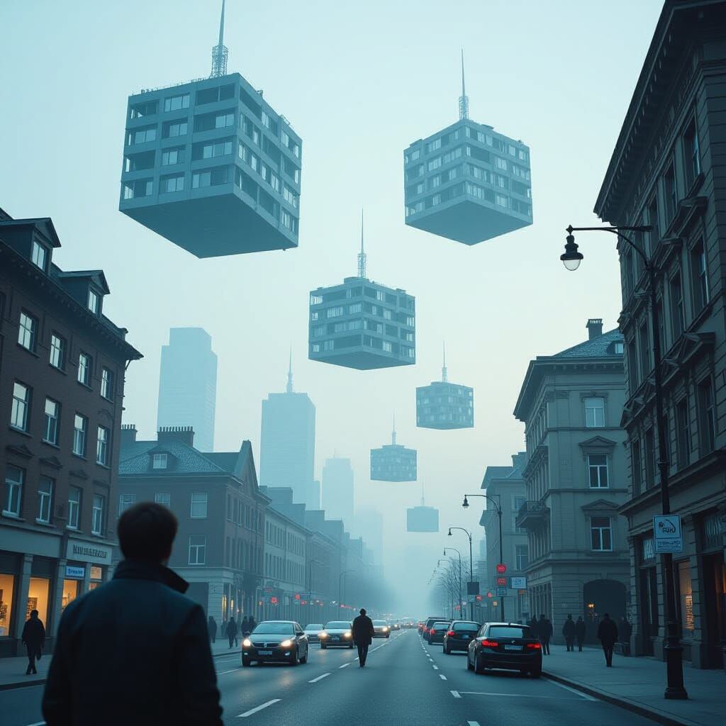 Surreal Cityscape: Rotating Buildings in Hazy Distance