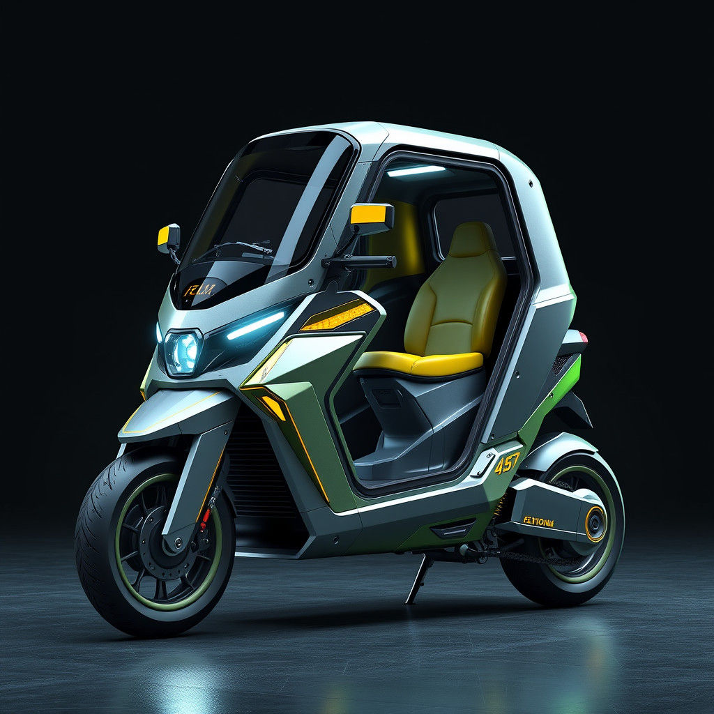 Retro-Futuristic Cabin Scooter in Metallic Grays and Vibrant...