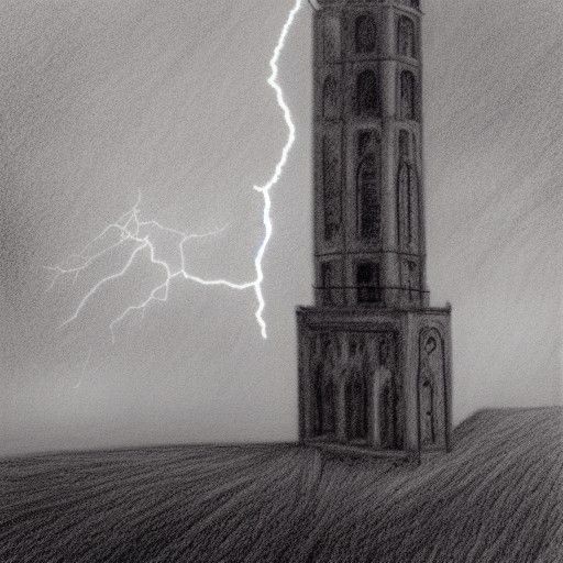 Lightning Strikes Stone Tower: Hyperdetailed Charcoal Drawin...