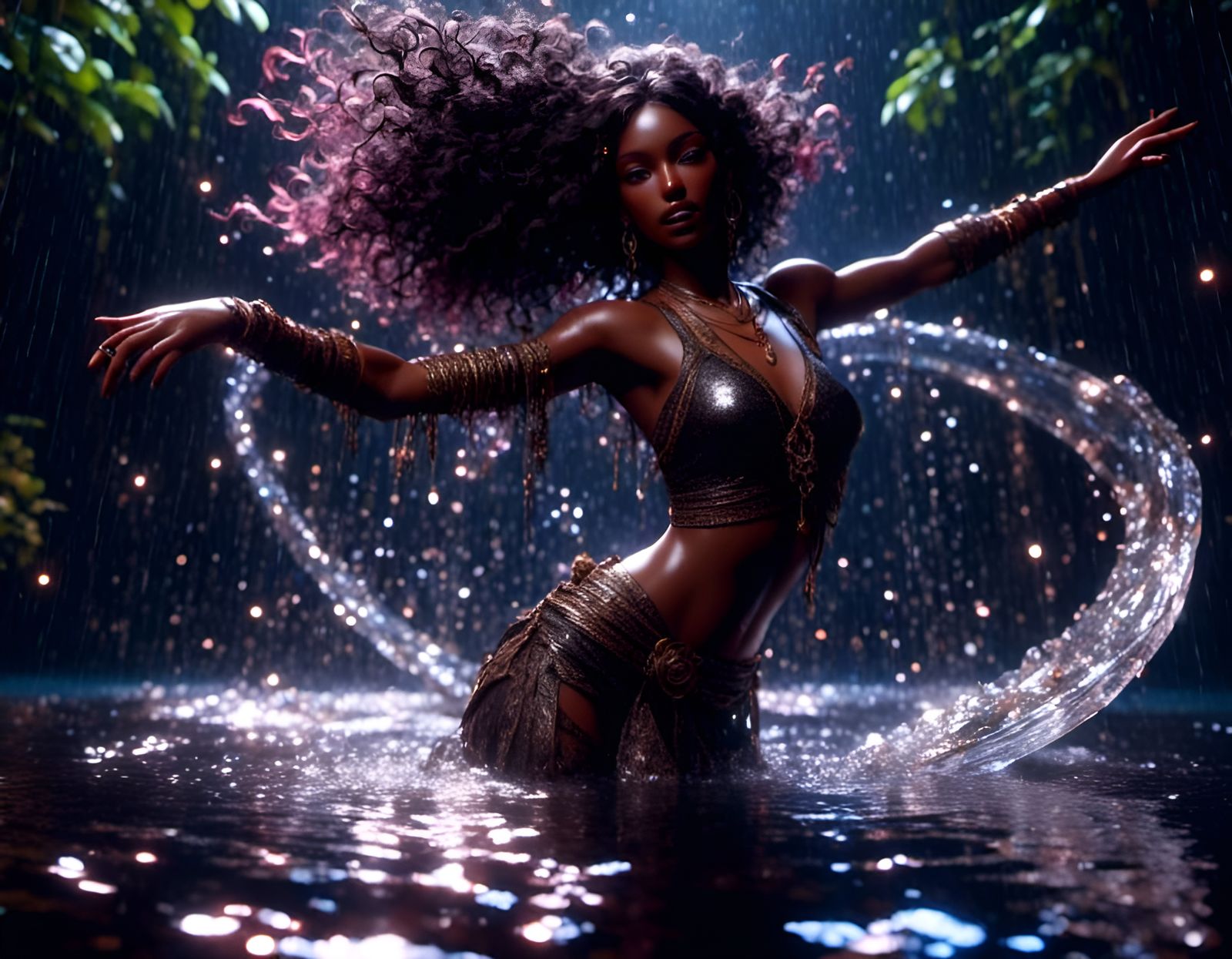 Dynamic Water Bender Dance in Dark Fantasy Style