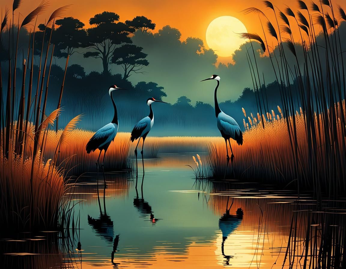 Cranes in Evening Light: Graphic Novel Illustration