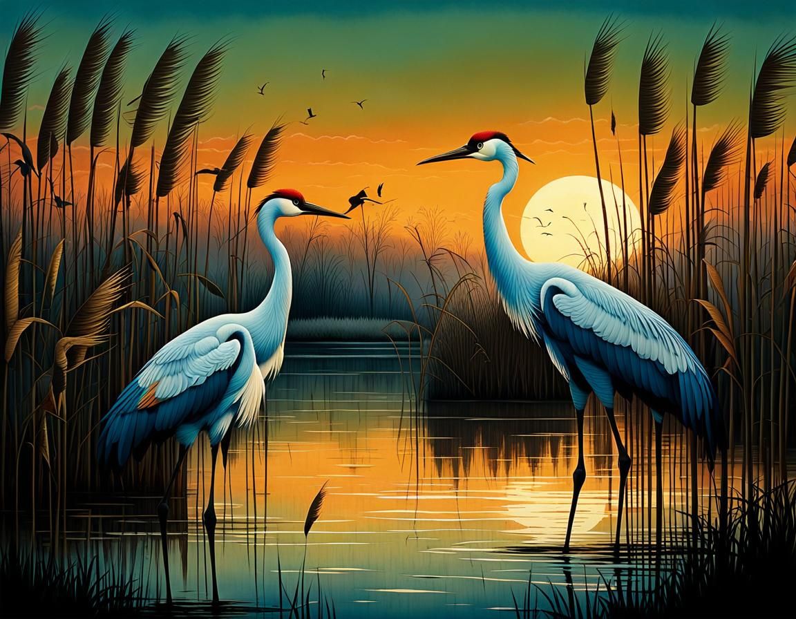 Ethereal Cranes Silhouetted in Evening Lake Shore
