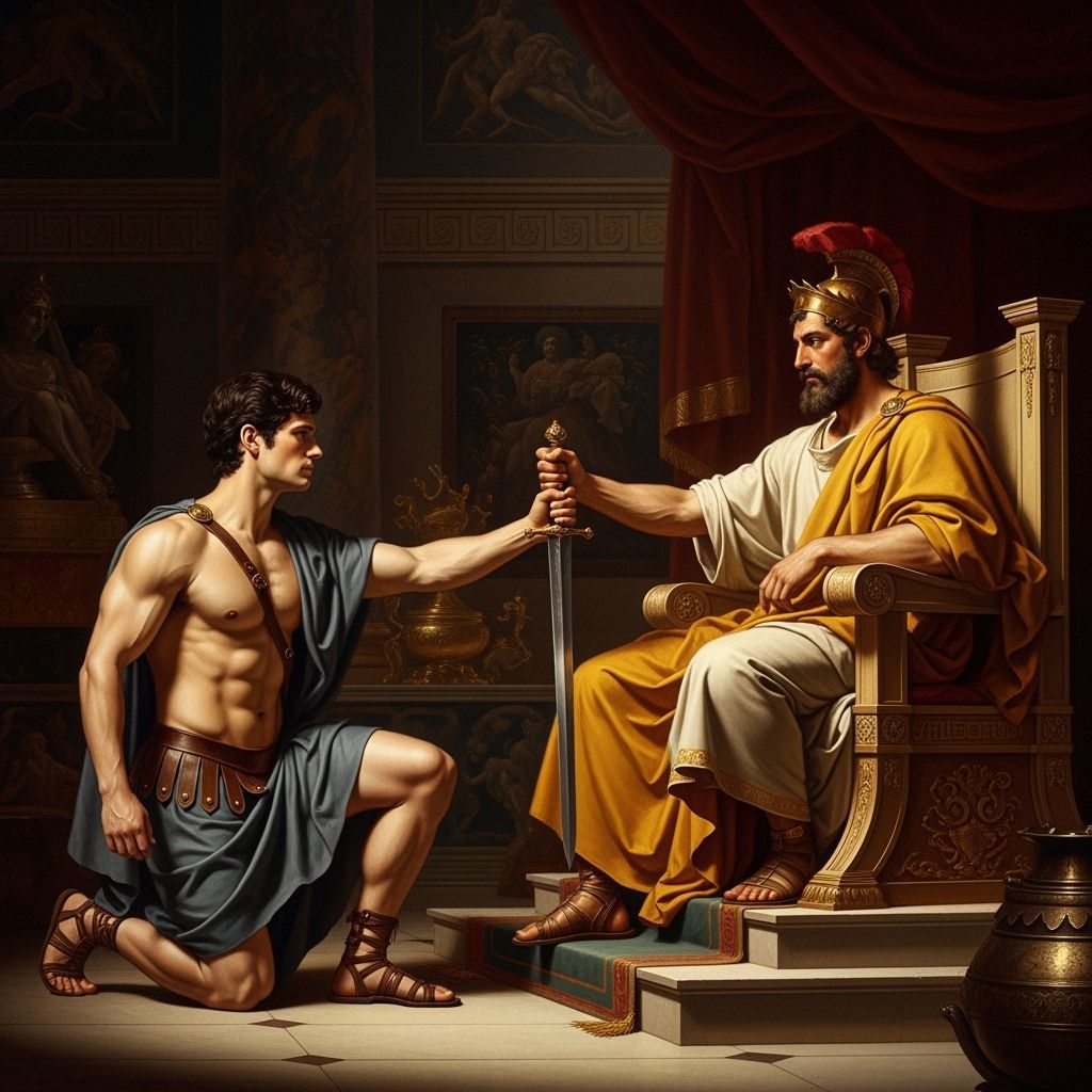 Heroic Theseus Presents Sword to King Aegeus in Throne Room