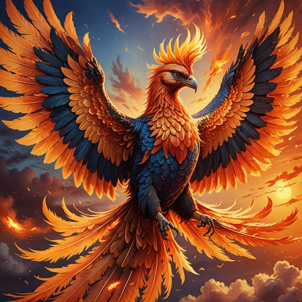 Phoenix Soars Through Sunset Sky in Vibrant Oil Painting
