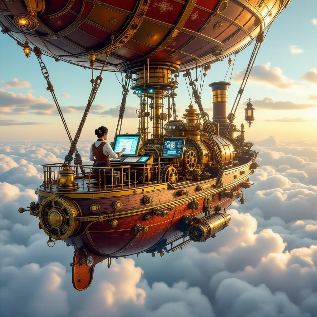 Intricate Steampunk Airship Soaring Through Clouds
