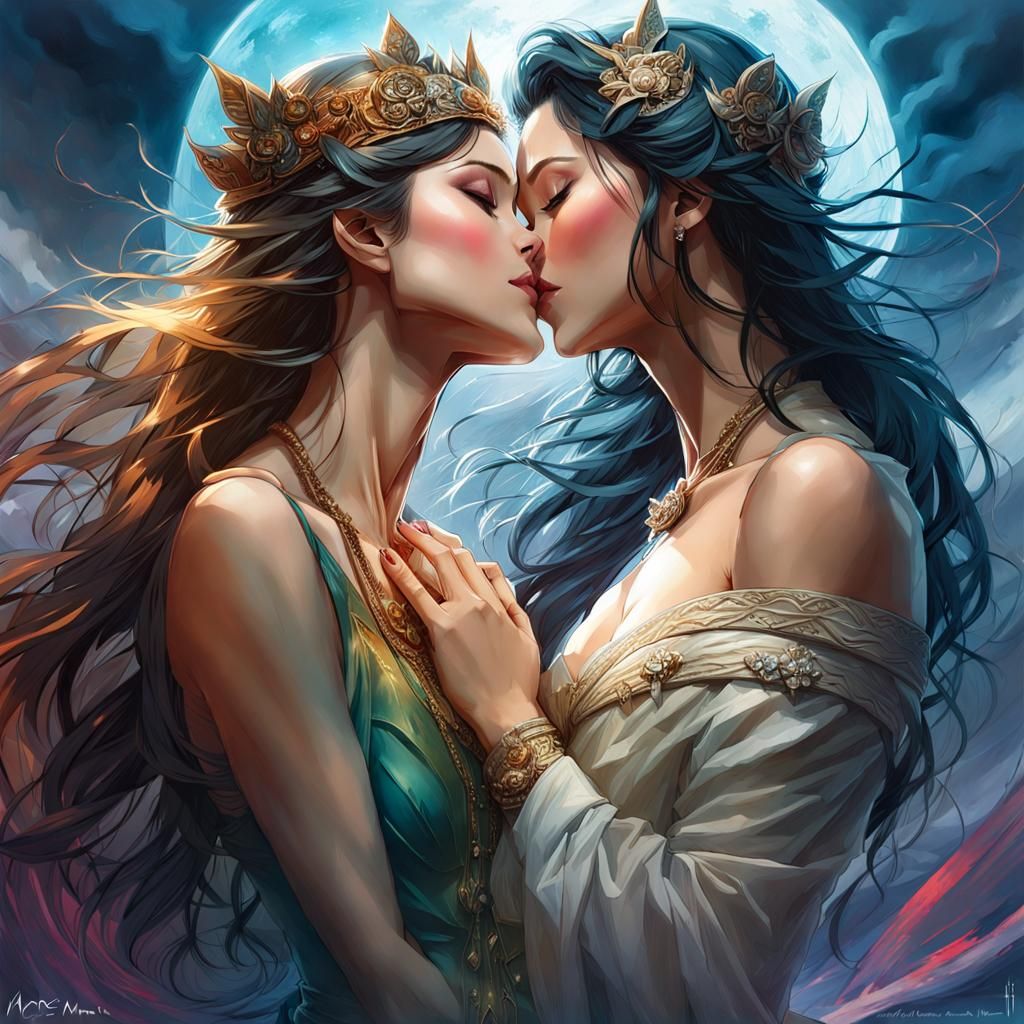 Passionate Lesbian Kiss in Stormy Fantasy Landscape