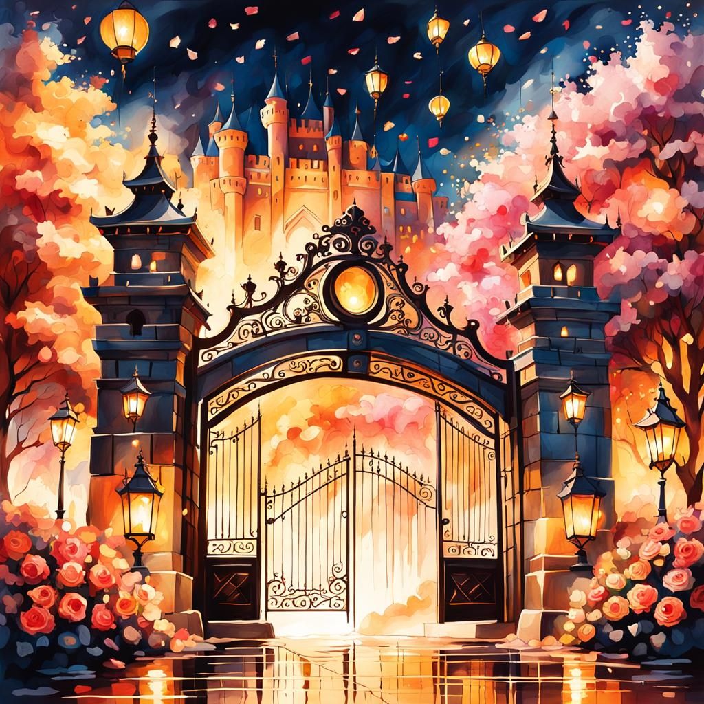 Romantic Castle Gate Illustration with Lanterns