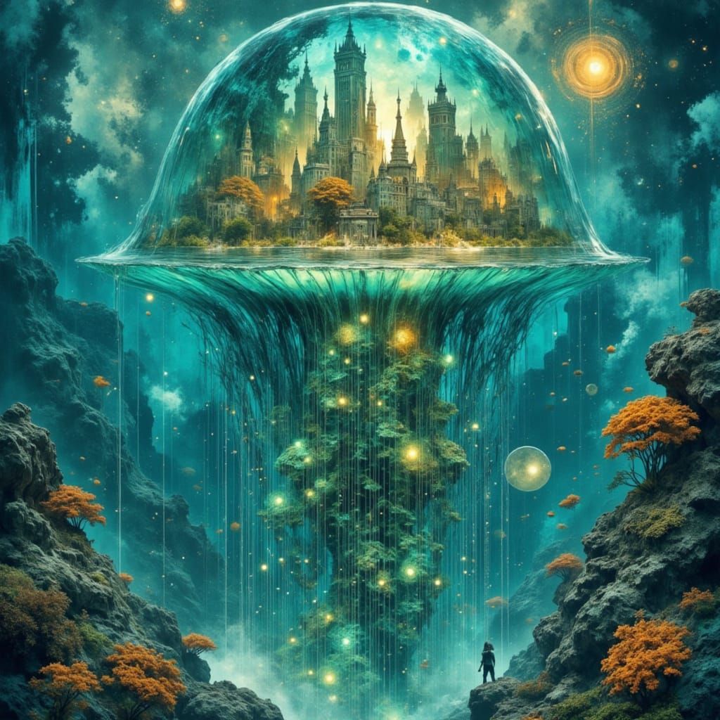 Underwater City Inside Bioluminescent Jellyfish in Art Nouve...