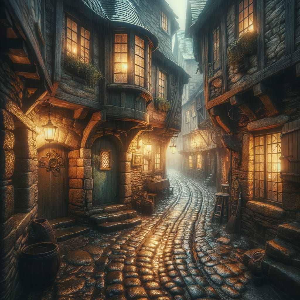 Rainy Medieval Town Alleyways with Tavern Glow