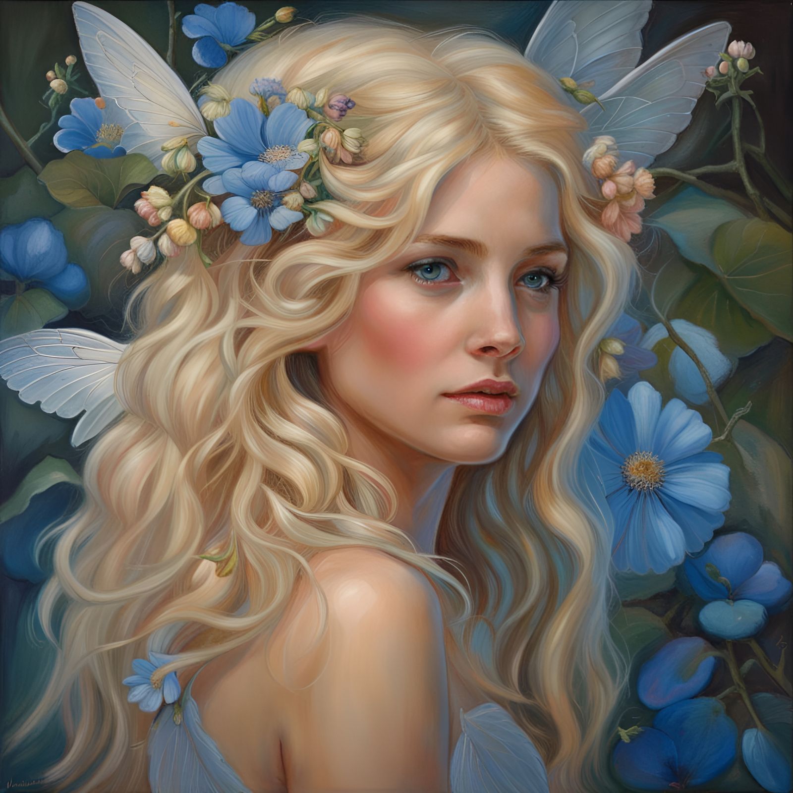 Beautiful Fairy with Flowers, Oil Painting