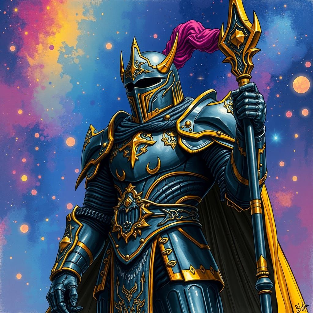 Majestic Knight in Obsidian Armor with Spiked Staff