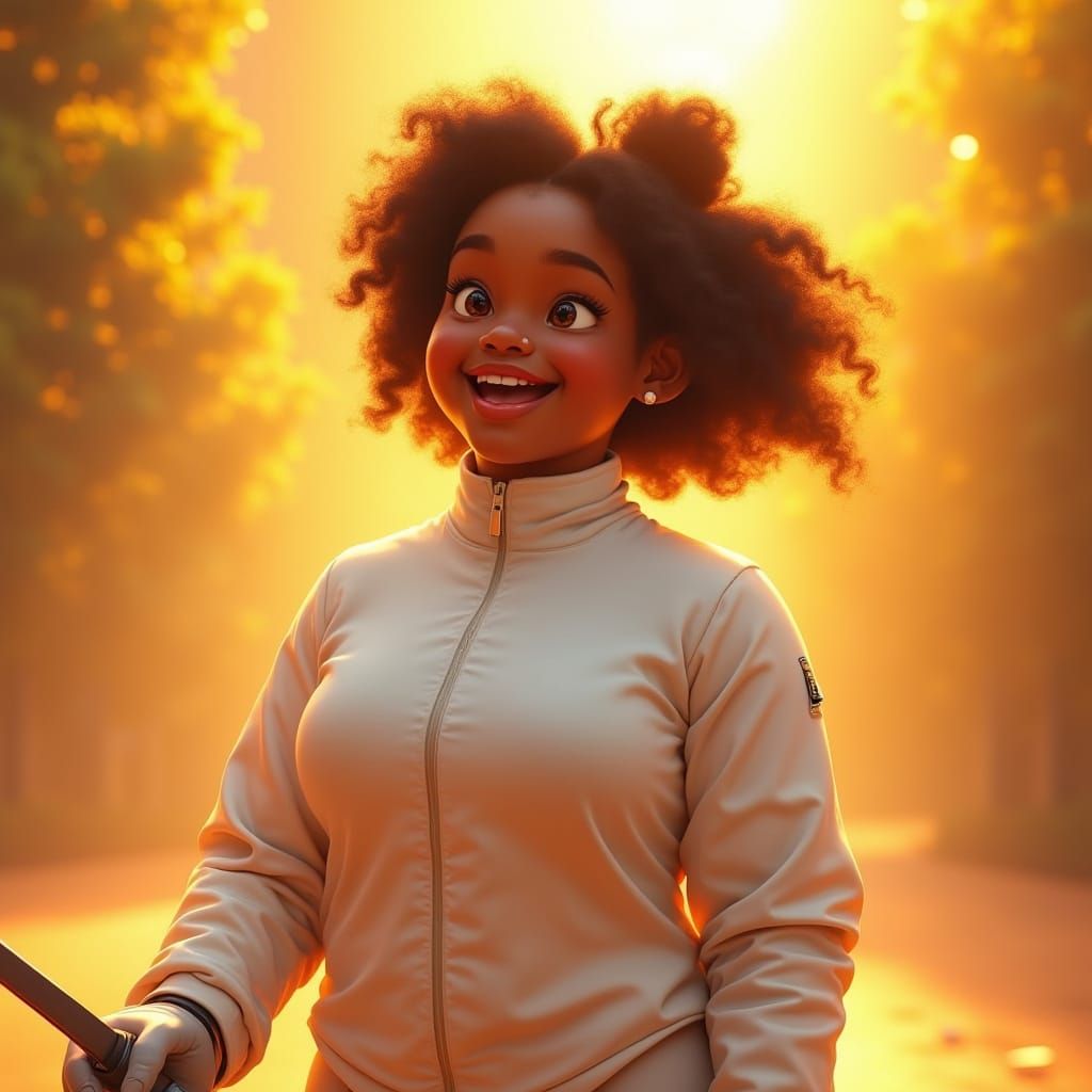 Vibrant Black Teen Takes Fencing Break in Warm, Festive Ligh...