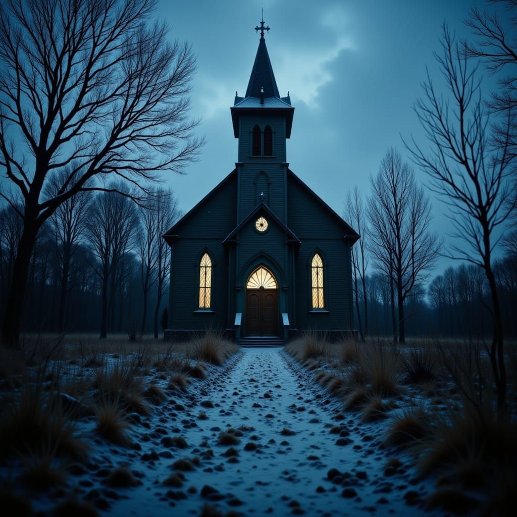 Forgotten Chapel at Twilight with Glowing Windows