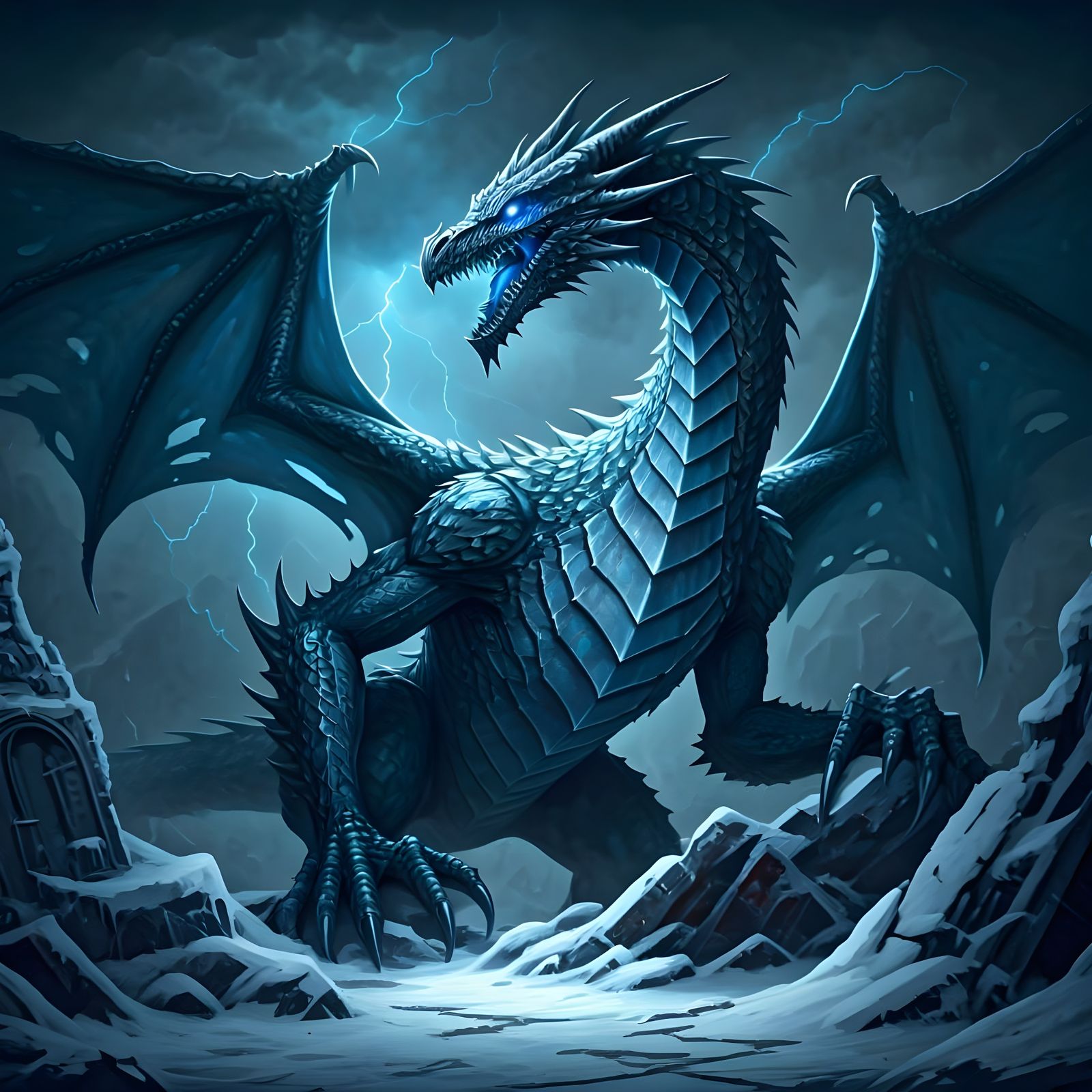 Ice Dragon Amid Icy Ruins in Dark Fantasy Style