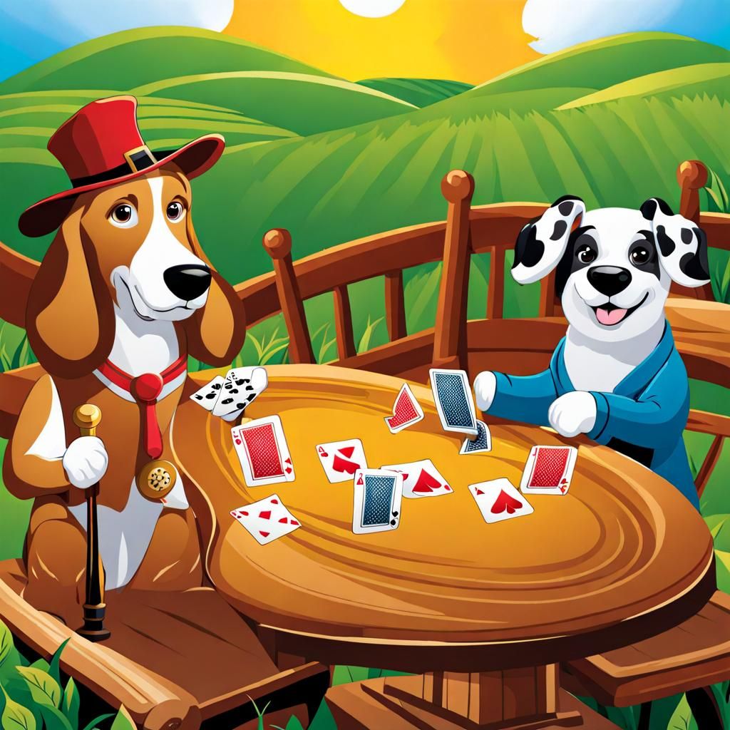 Dogs Playing Cards on Farm in Cartoon Style