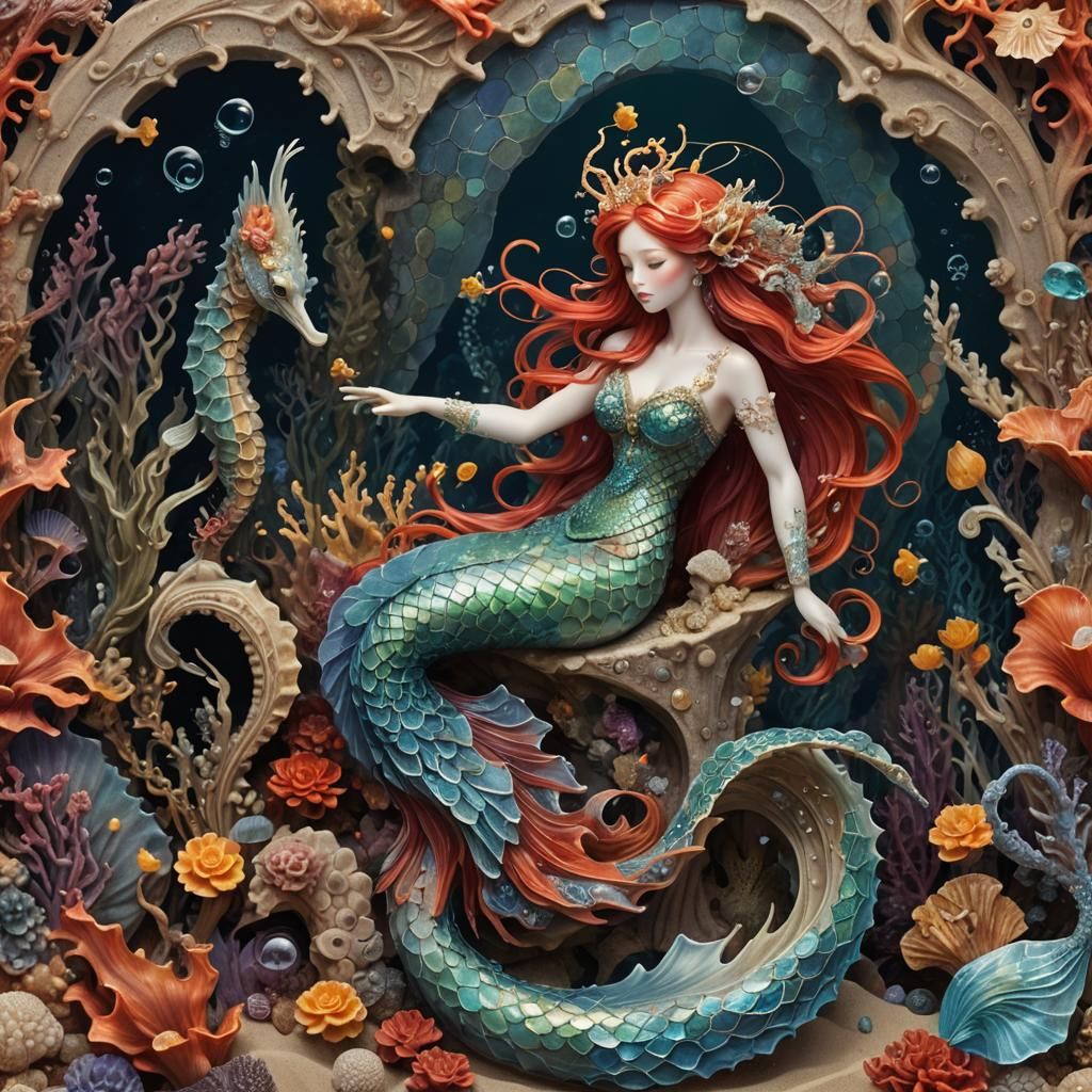 Ethereal Mermaid Riding Seahorse in Bioluminescent Underwate...