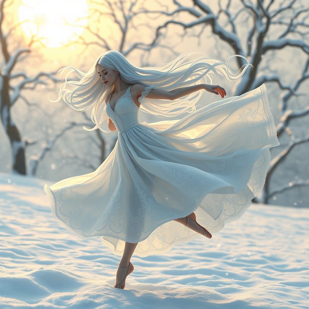 Ethereal Dancer in Snowy Landscape with Intricate Embroidery