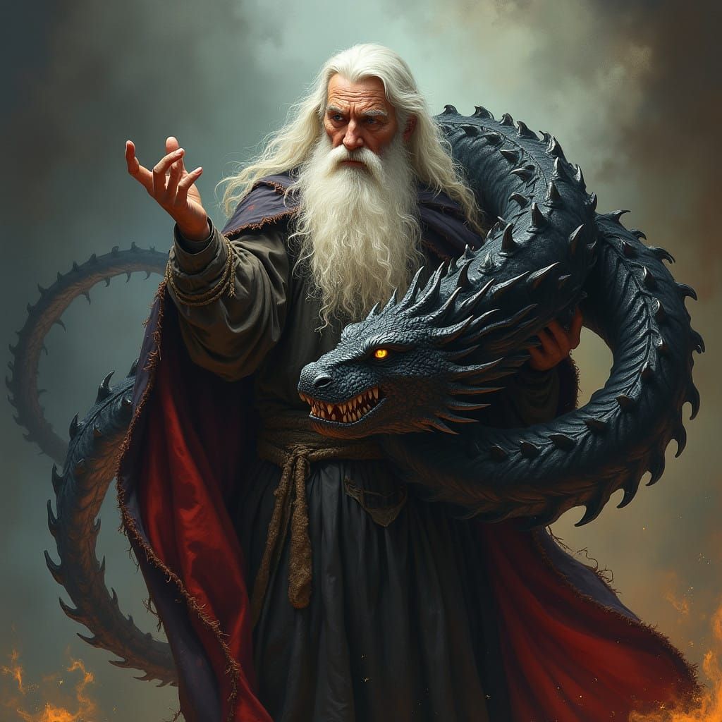 Powerful Wizard Masterfully Tames Majestic Dragon in Dark, B...