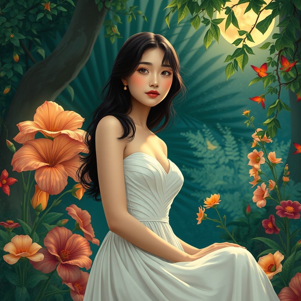 Ethereal Asian Woman in Art Nouveau Garden