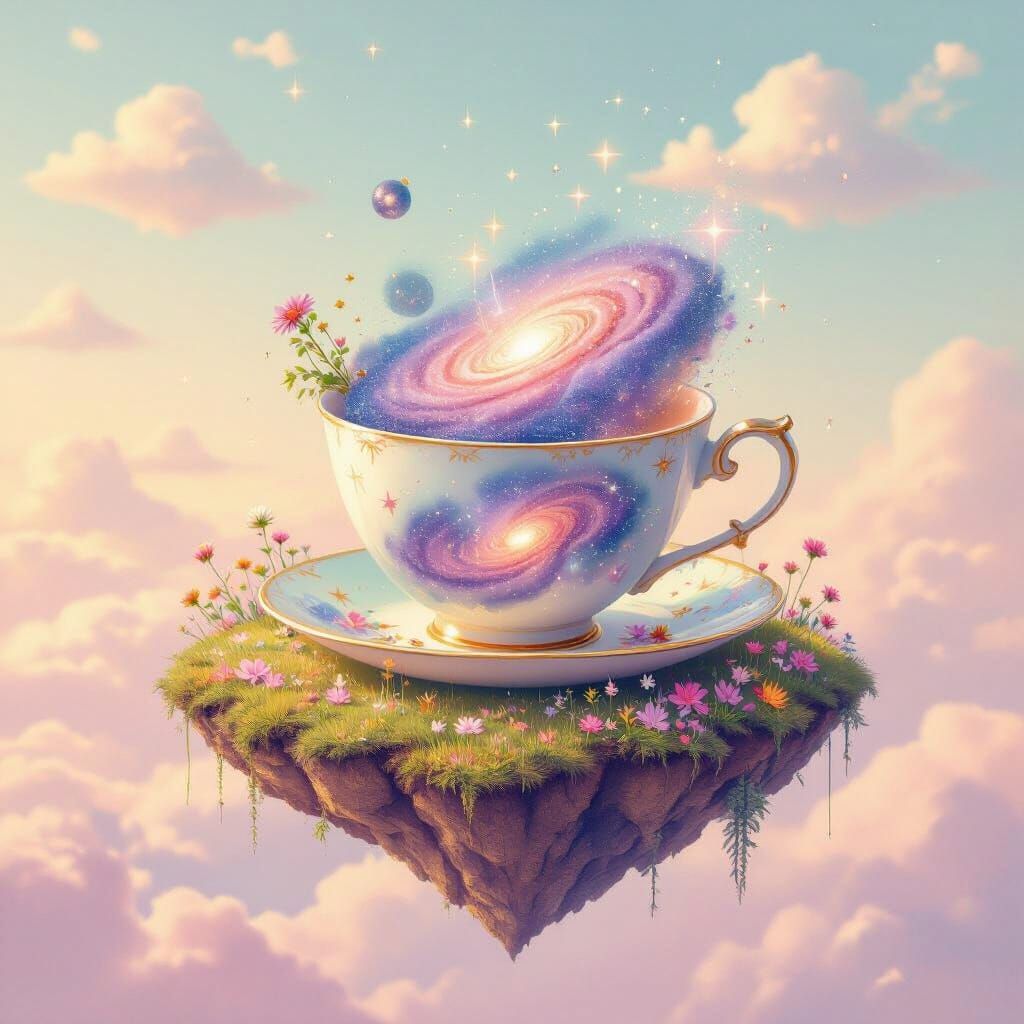 Whimsical Teacup with Galaxies on Floating Island
