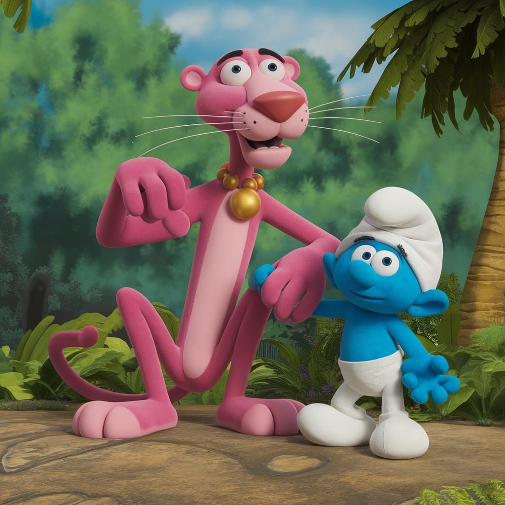 Simpsons Style: Pink Panther and Smurf in Forest